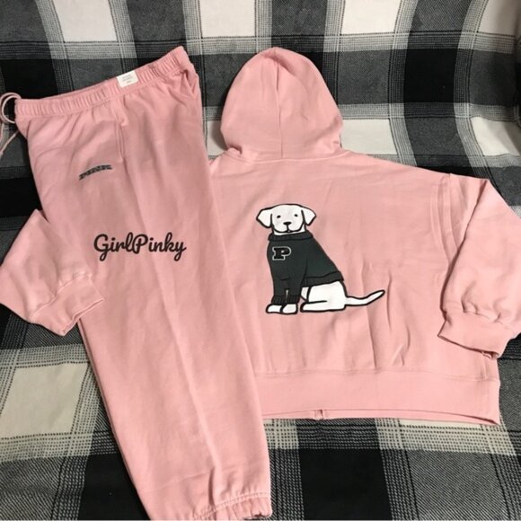 VS PINK sweatpants SET CHALK ROSE LIMITED EDITION & DOG LOGO XS BOTTOMS/SM TOP - Picture 1 of 13